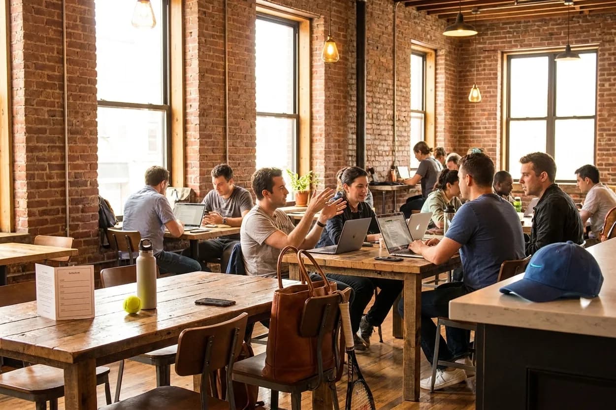 A bright Queens local-life scene connected to Telegram Group Meetups: NYC Coworking Cafes Near 2026 US Open.