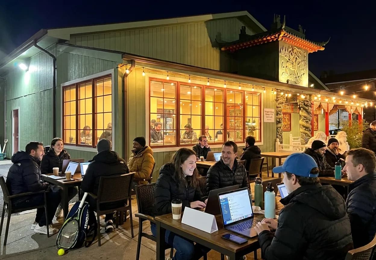 Bright New York local-life cover for Telegram Group Meetups: NYC Coworking Cafes Near 2026 US Open.