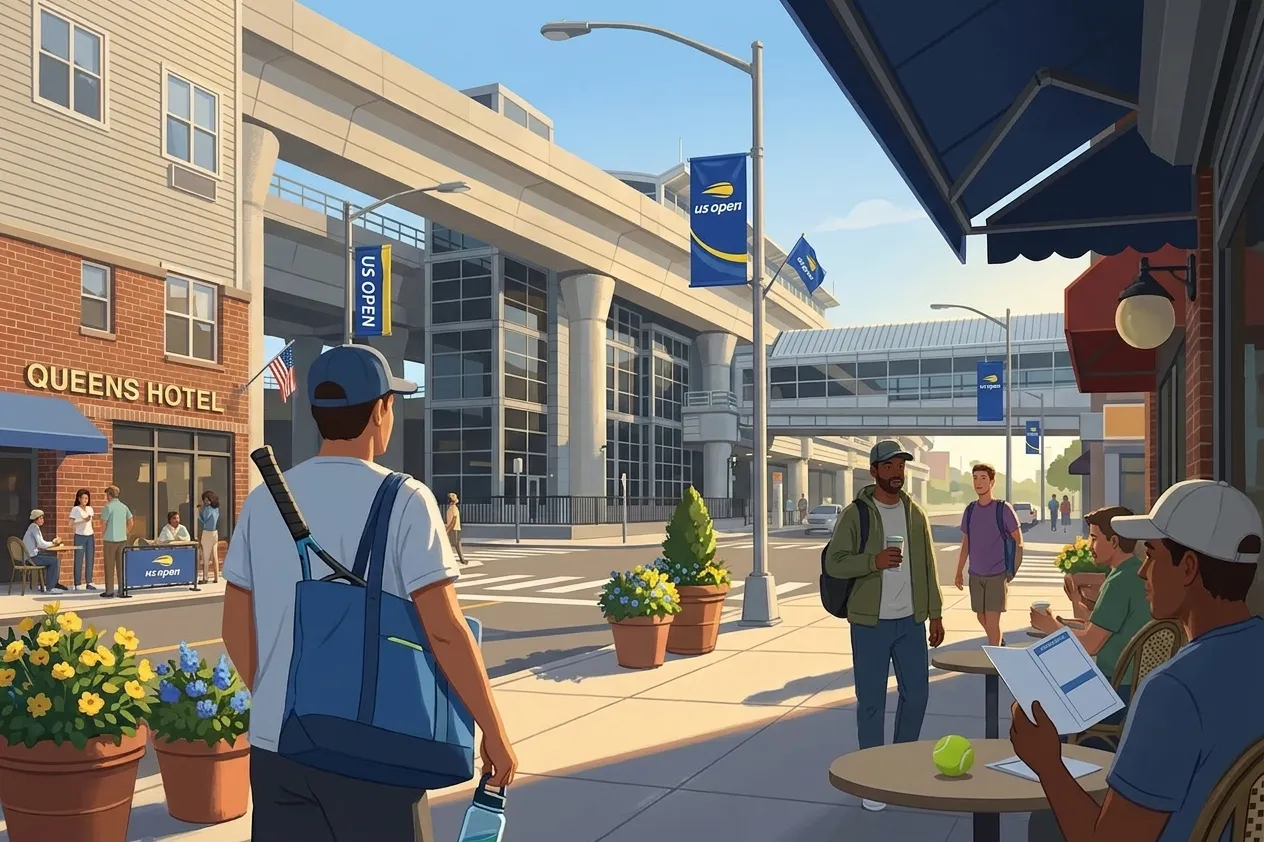 Bright New York local-life cover for Airline Delay Neighborhood Stops Before US Open Check In.