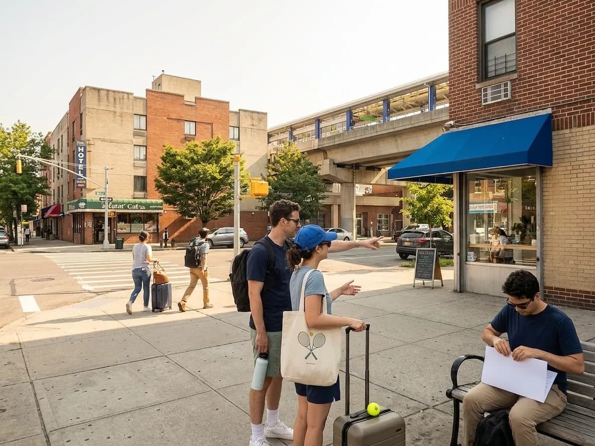 A bright Queens local-life scene connected to Airline Delay Neighborhood Stops Before US Open Check In.