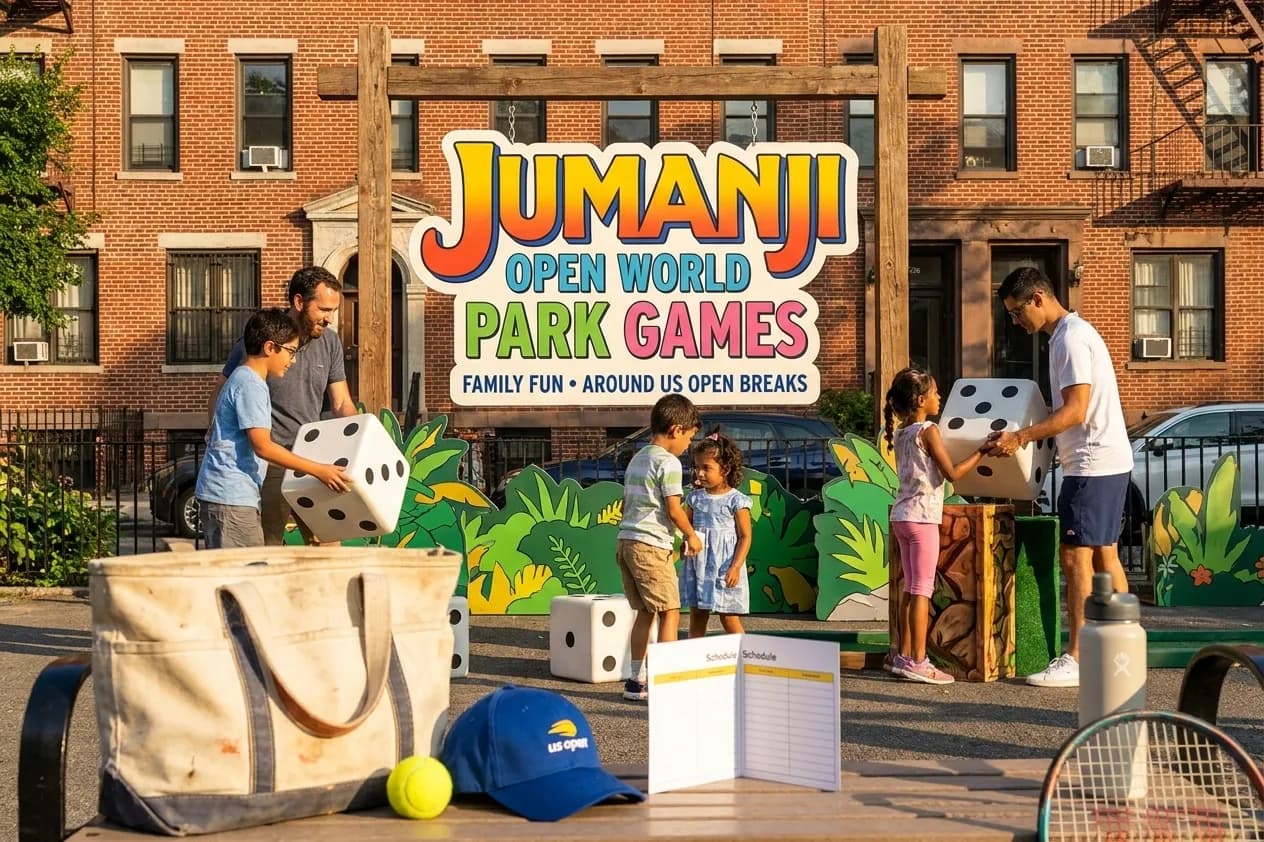 A bright Queens local-life scene connected to Jumanji Open World Park Games Around US Open Breaks.