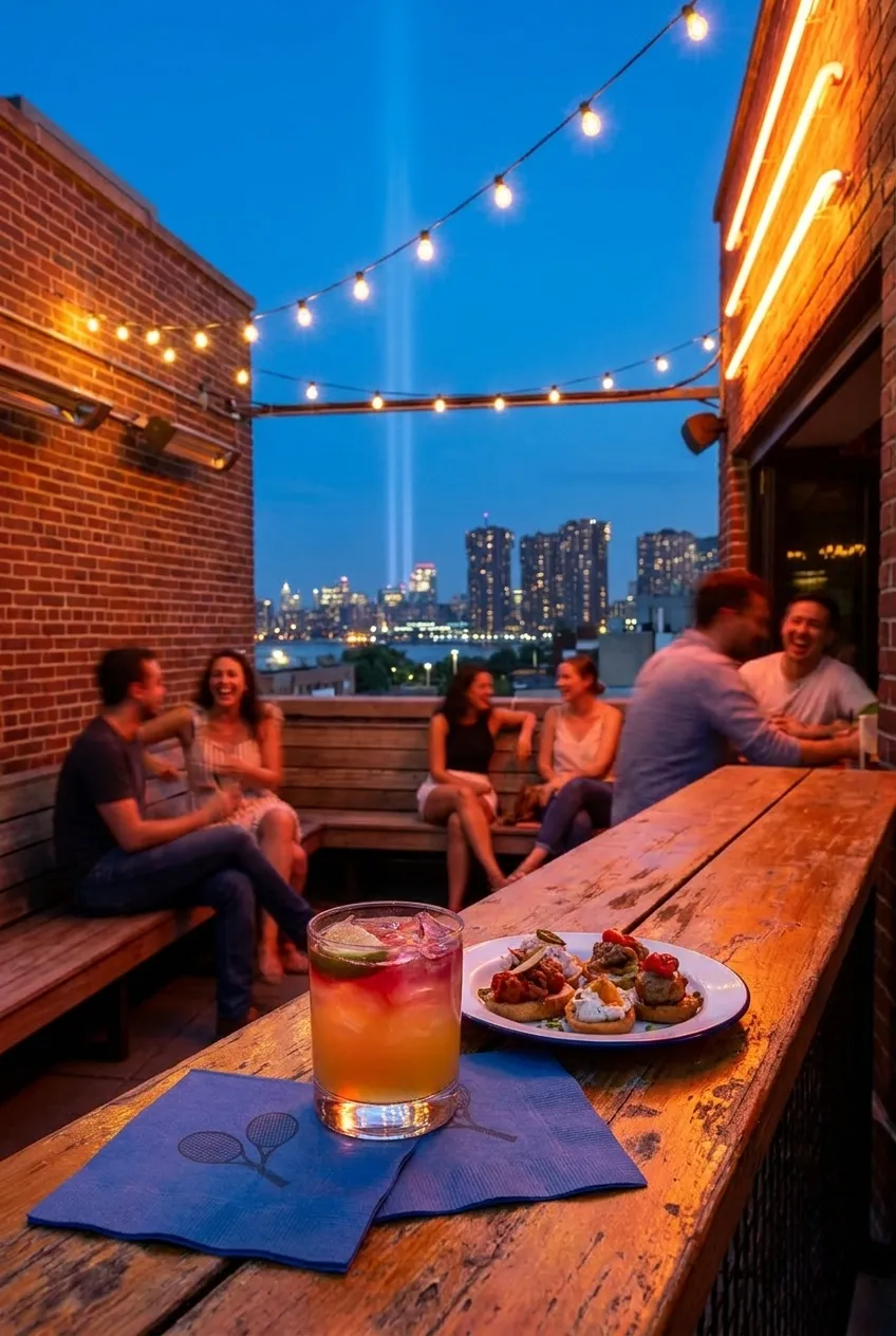 A bright New York local-life cover for MLB Trade Deadline Talk at Queens Bars During US Open, inspired by long island city skyline night.