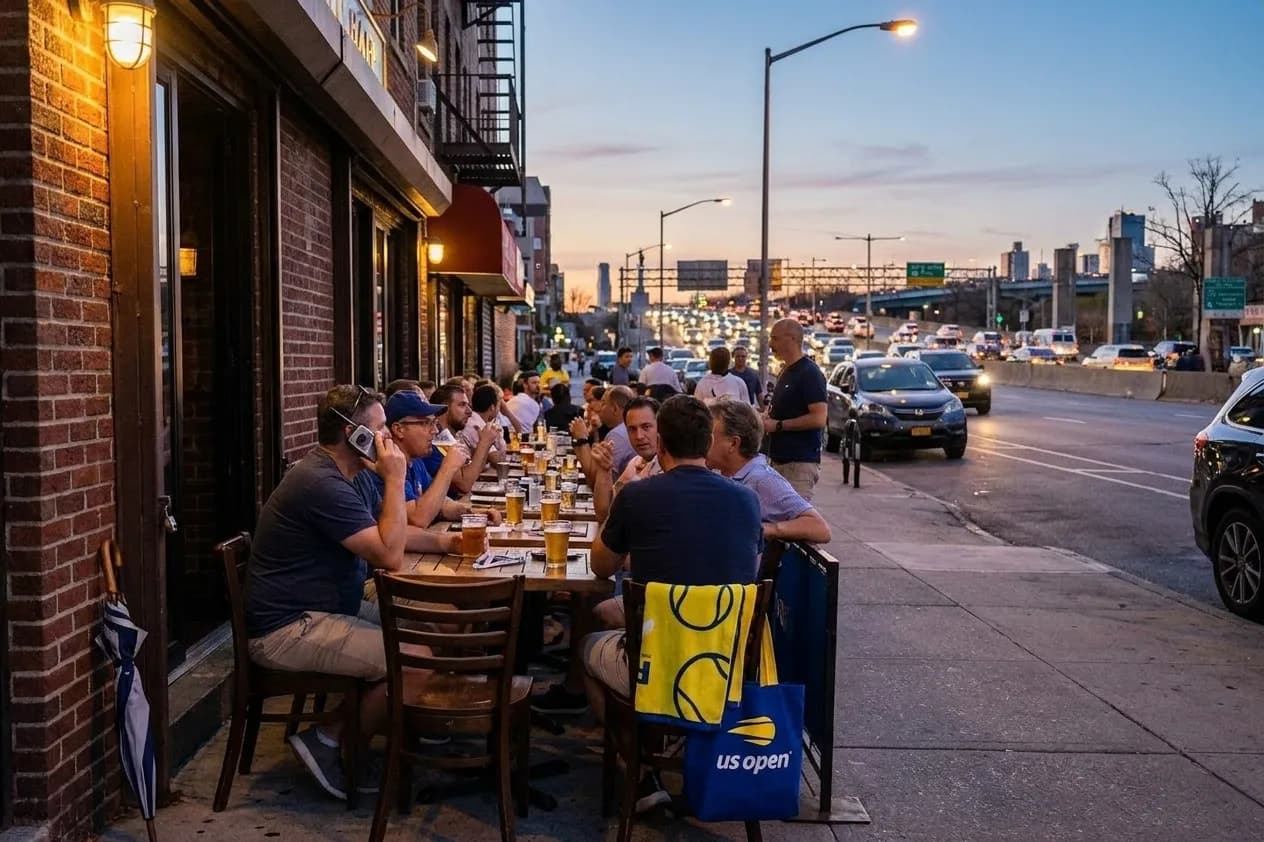 A distinct New York editorial scene inspired by astoria queens street night, connected to US Open week.