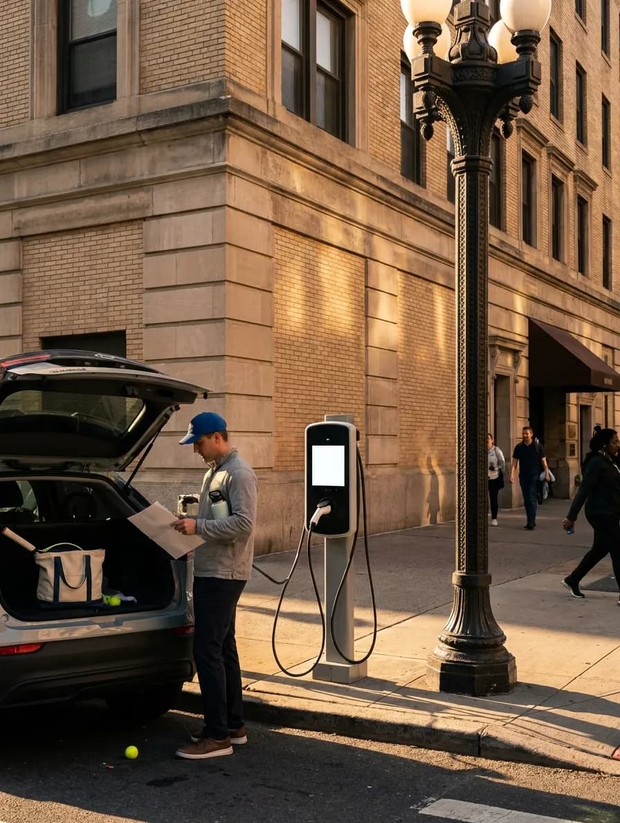 A bright Queens local-life scene connected to Chevrolet Silverado EV Charging Near US Open Parking.