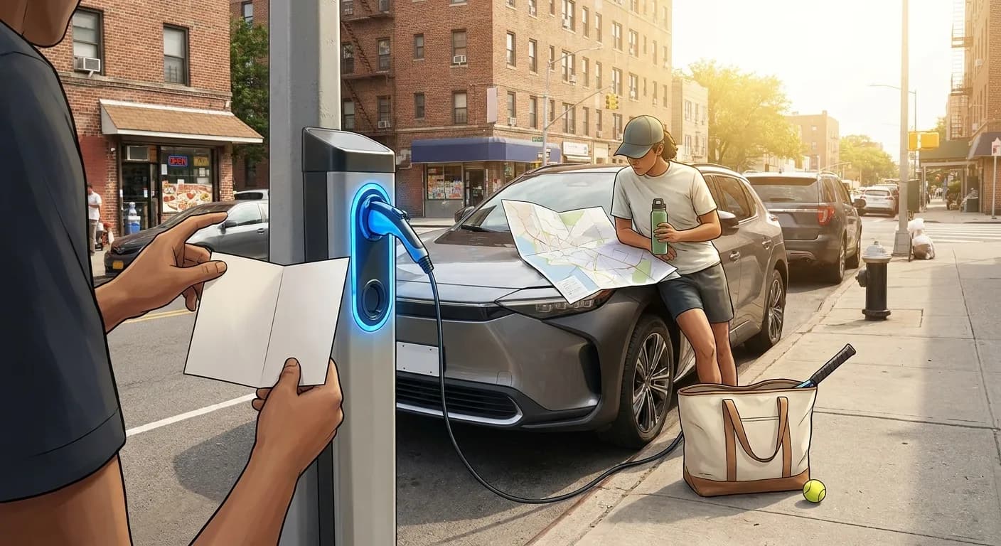 Bright New York local-life cover for Chevrolet Silverado EV Charging Near US Open Parking.