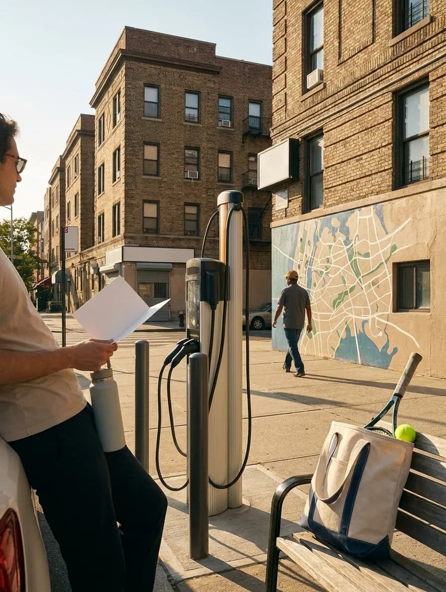 A bright Queens local-life scene connected to Chevrolet Silverado EV Charging Near US Open Parking.