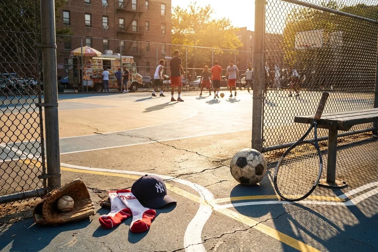 A bright New York local-life cover for Yankees vs Phillies Weekend With Queens Food and US Open, inspired by queens basketball court.