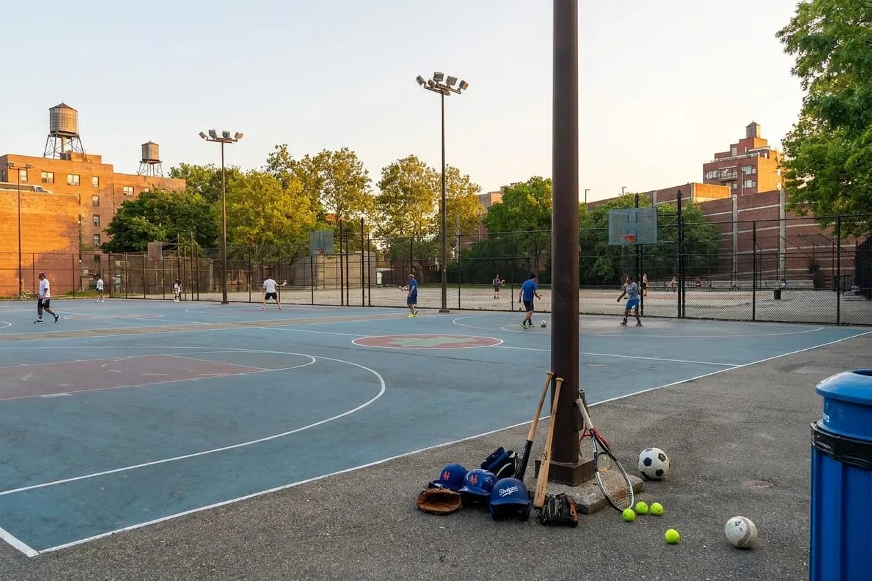 A bright New York local-life cover for Dodgers vs Mets Night at Citi Field After US Open Tennis, inspired by queens basketball court.