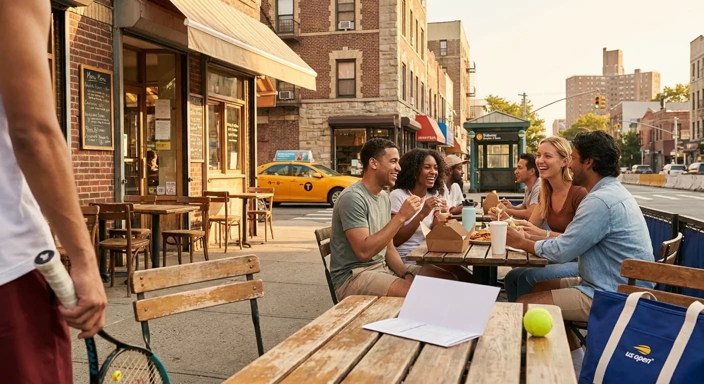 A bright Queens local-life scene connected to Ind vs Zim Cricket Cafes Near US Open Transit.