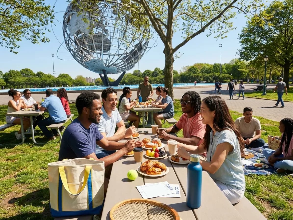 Bright realistic US Open 2026 local-life cover for Mercury Mystics Late Brunch Plans For US Open 2026.