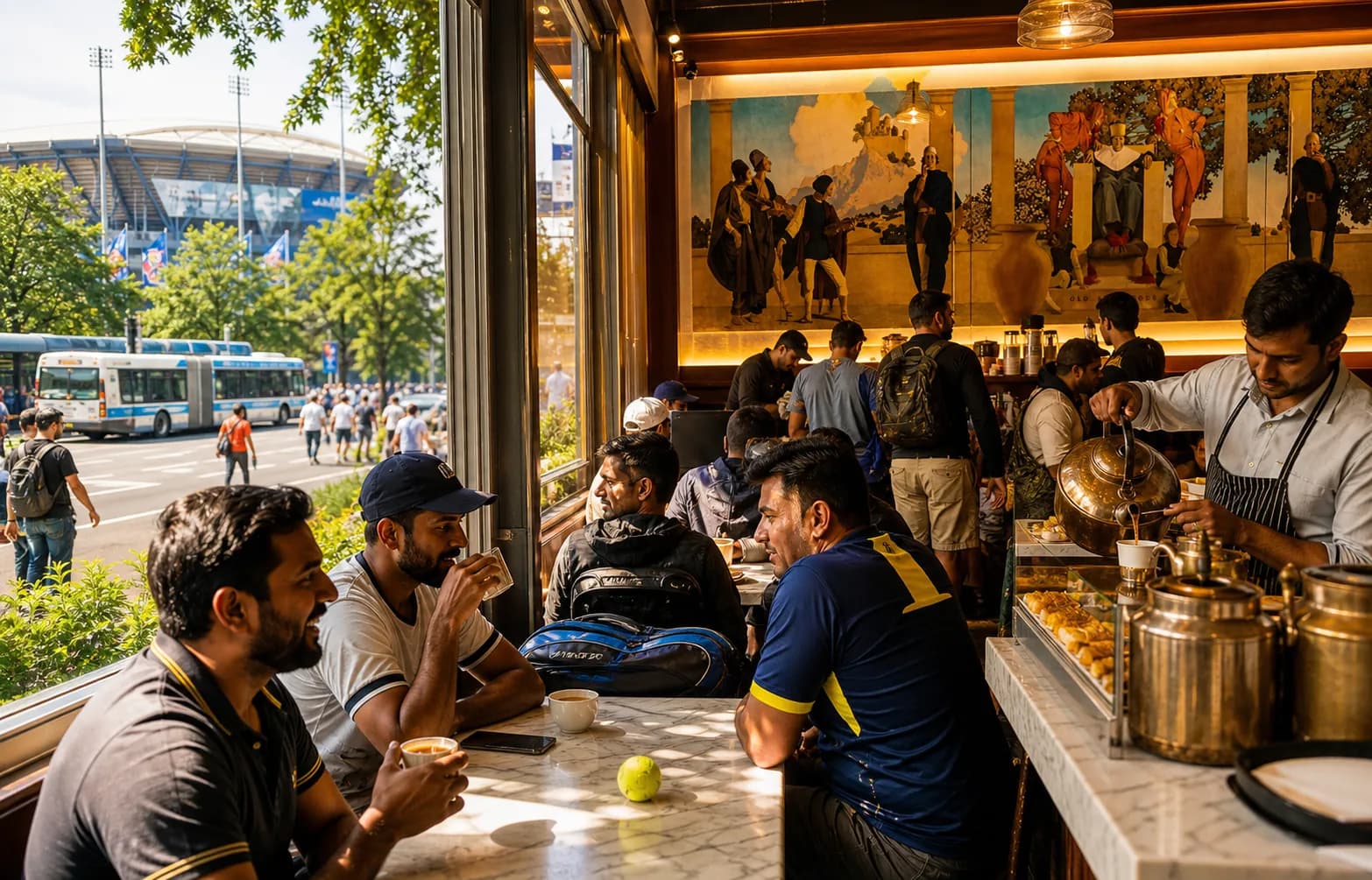 A bright Queens local-life scene connected to Kirill Basin Near US Open 2026: South Asian Tea Houses Before Evening Matches.