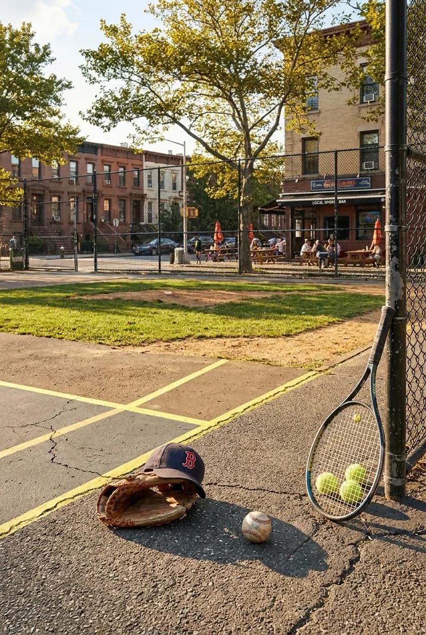 A bright New York local-life cover for Red Sox Fans Boston-to-Queens Food Weekend Around US Open, inspired by queens basketball court.