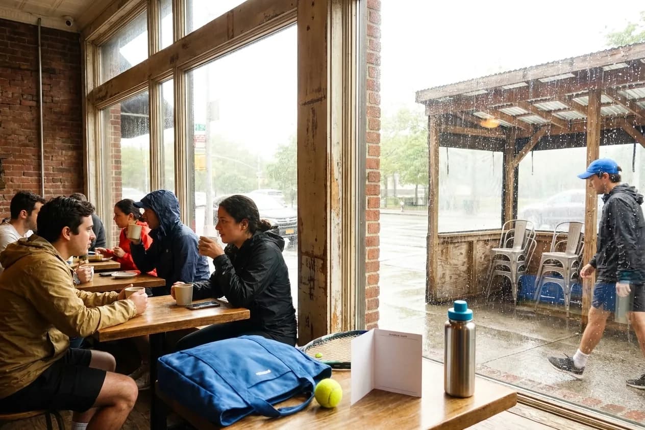 A bright Queens local-life scene connected to Tigres UANL vs Salt Lake Rain Detour Cafes US Open.