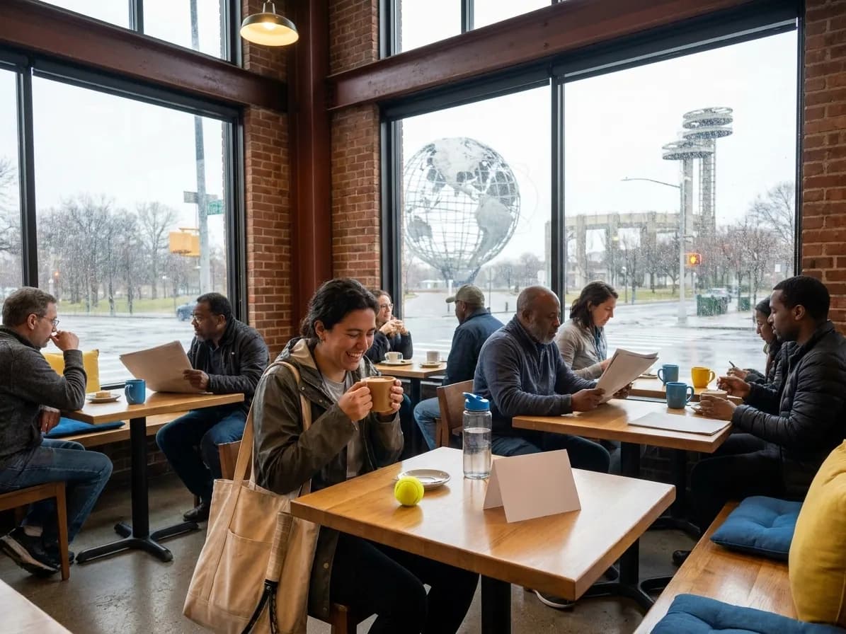 A bright Queens local-life scene connected to Tigres UANL vs Salt Lake Rain Detour Cafes US Open.