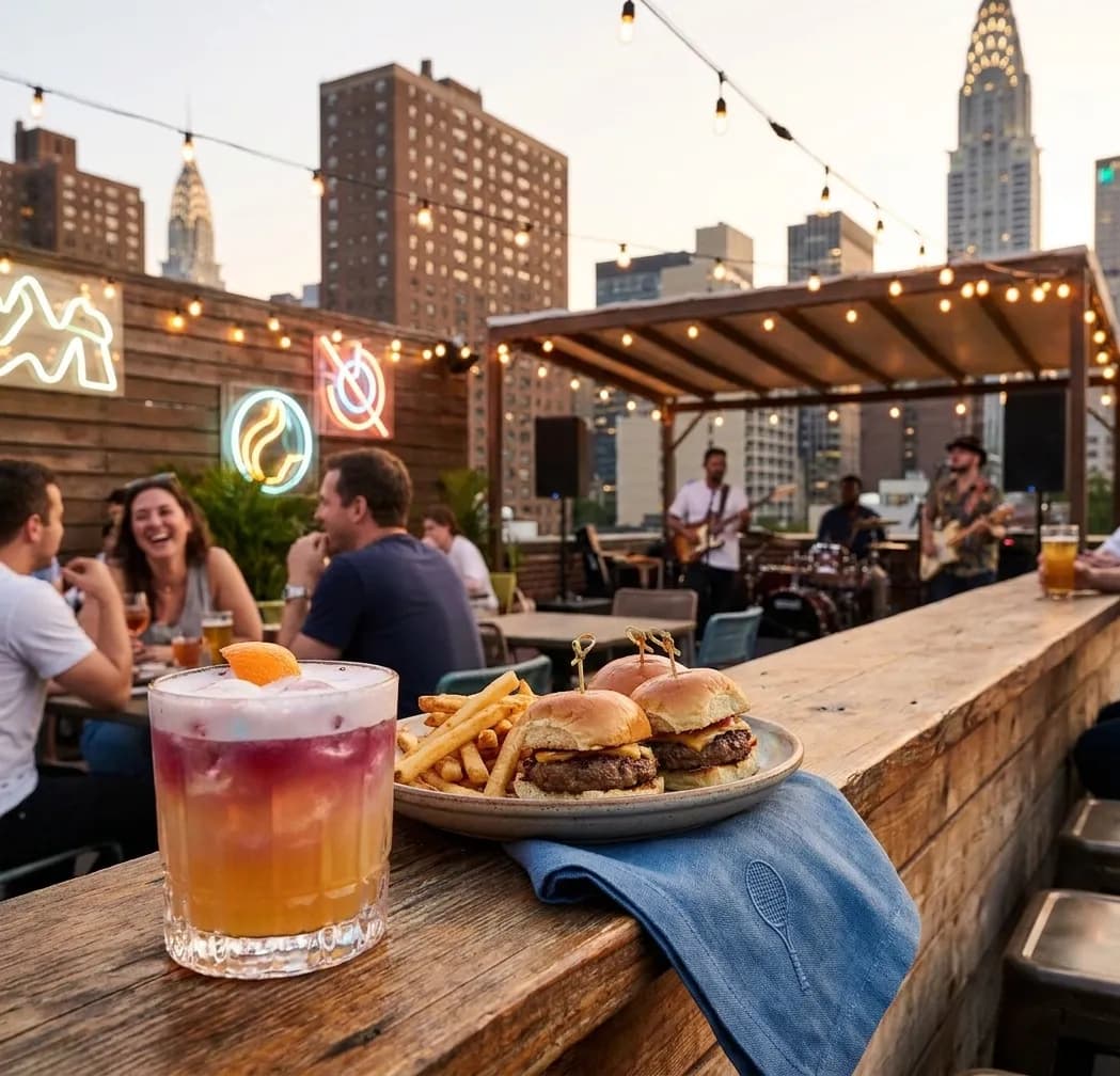 A bright New York local-life cover for NFL Schedule Friendly Bars Near Flushing Meadows During US Open, inspired by long island city skyline night.