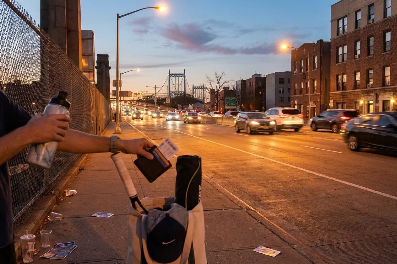 A bright Queens local-life scene inspired by astoria queens street night, with subtle US Open details.