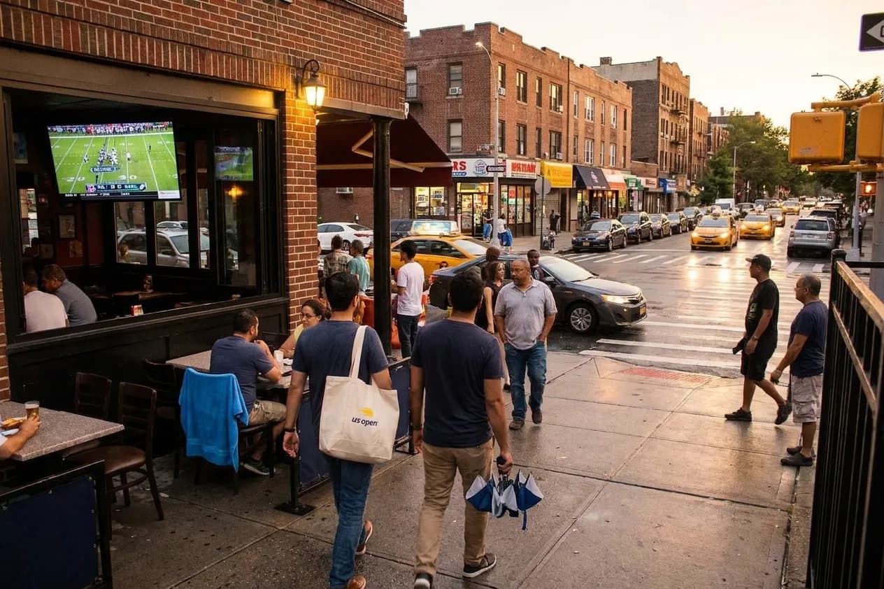 A distinct New York editorial scene inspired by astoria queens street night, connected to US Open week.