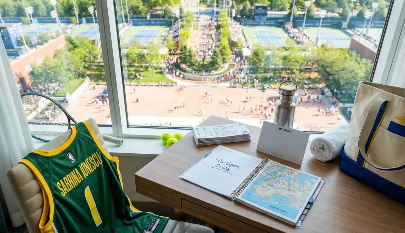 Bright realistic US Open 2026 local-life cover for Sabrina Ionescu Jersey Stops Around US Open 2026.