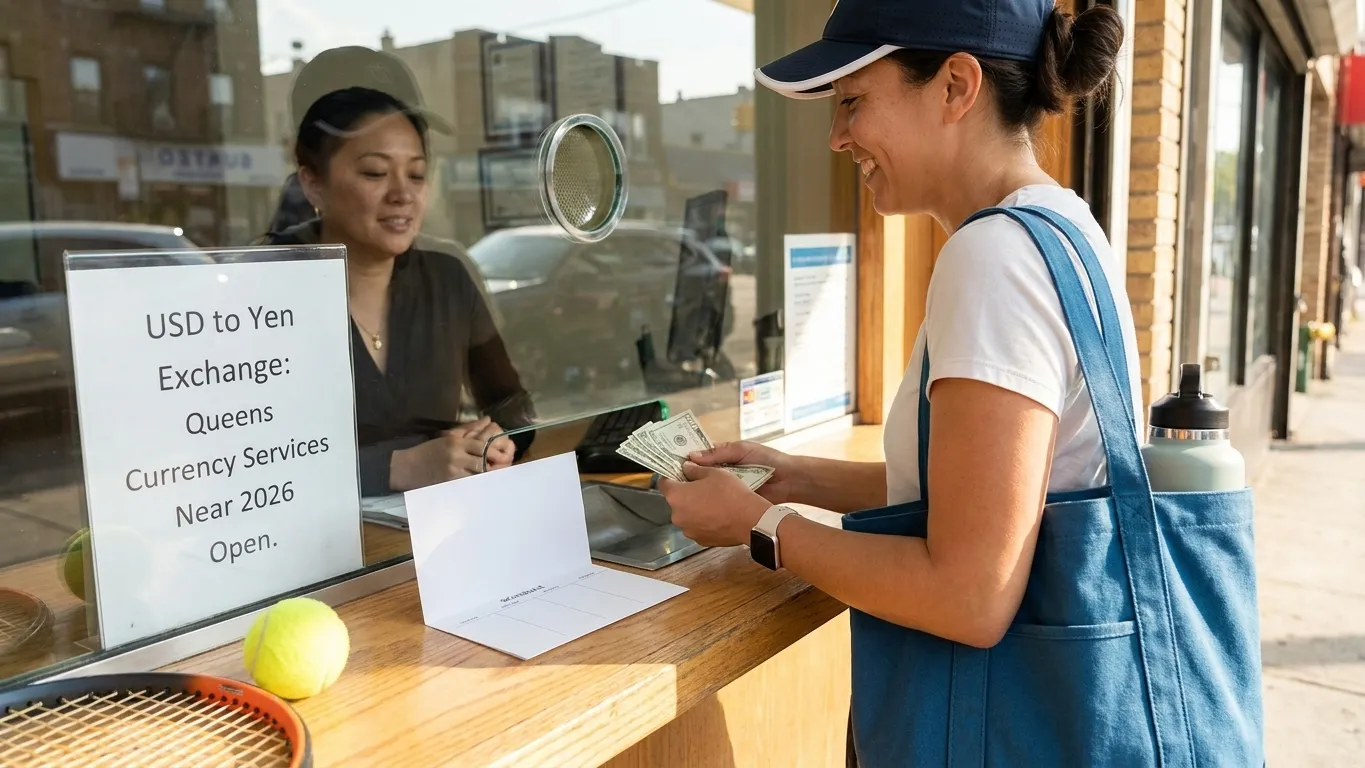 A bright Queens local-life scene connected to USD to Yen Exchange: Queens Currency Services Near 2026 Open.