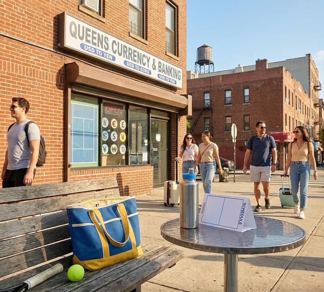 A bright Queens local-life scene connected to USD to Yen Exchange: Queens Currency Services Near 2026 Open.