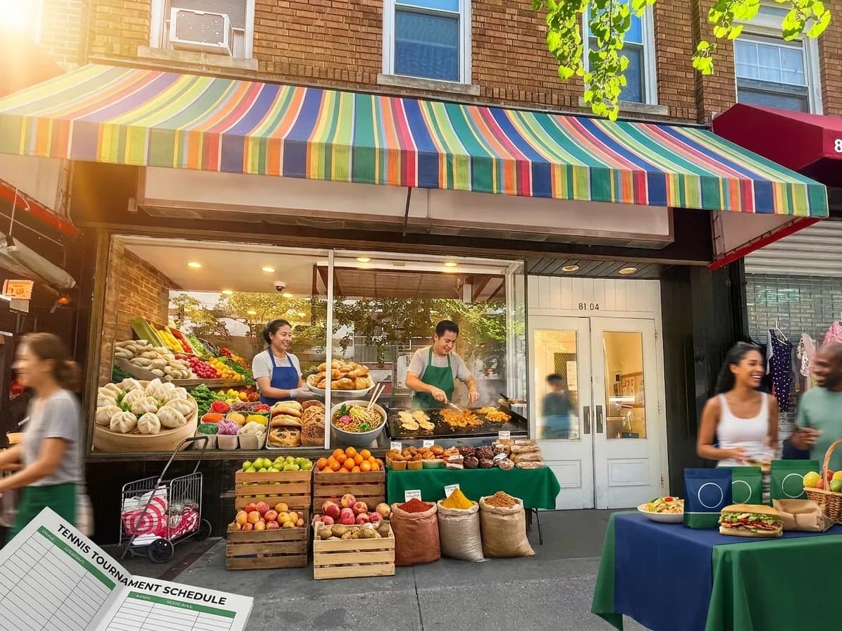 A bright New York local-life cover for 72 Hours Eating and Exploring Queens Around One US Open Session, inspired by jackson heights queens restaurant.