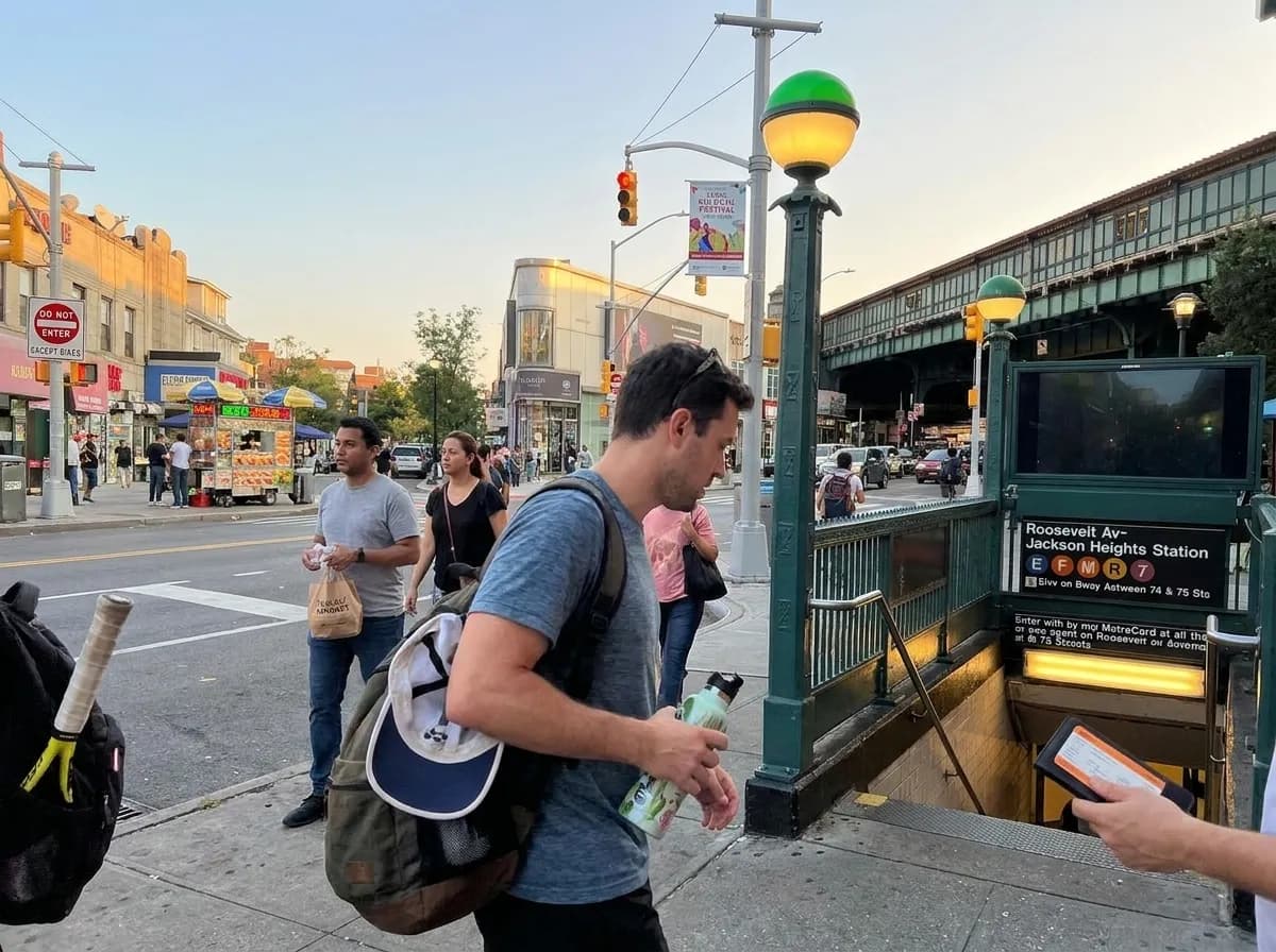 A bright Queens local-life scene inspired by jackson heights queens restaurant, with subtle US Open details.