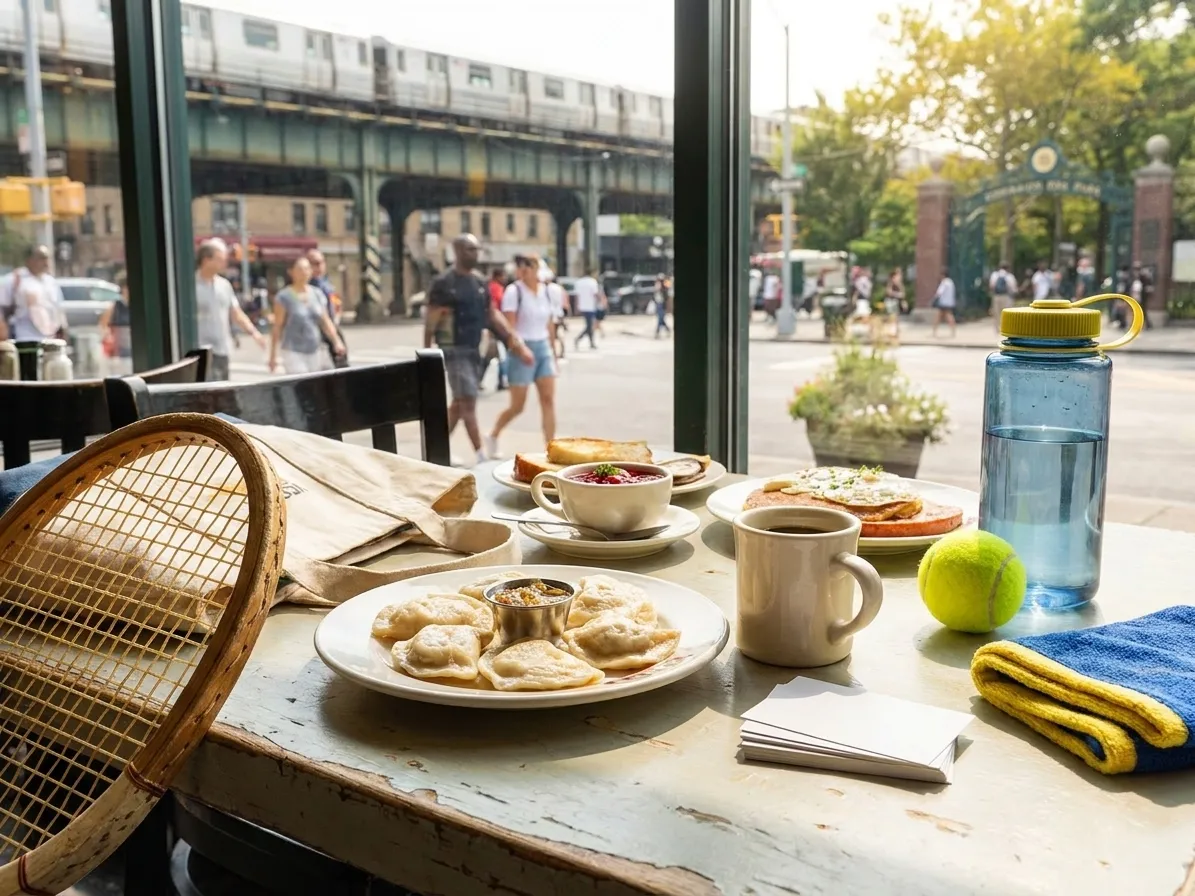 Bright realistic US Open 2026 local-life cover for Becky Hammon Coaching Talk Cafes Near US Open 2026.