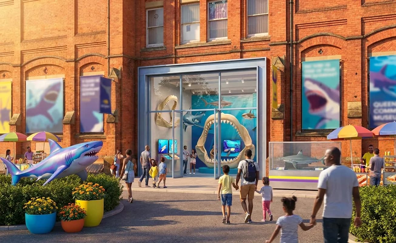 A bright New York local-life cover for Shark Week 2026 Family Museum Stops Around Queens US Open Days, inspired by queens museum interior.