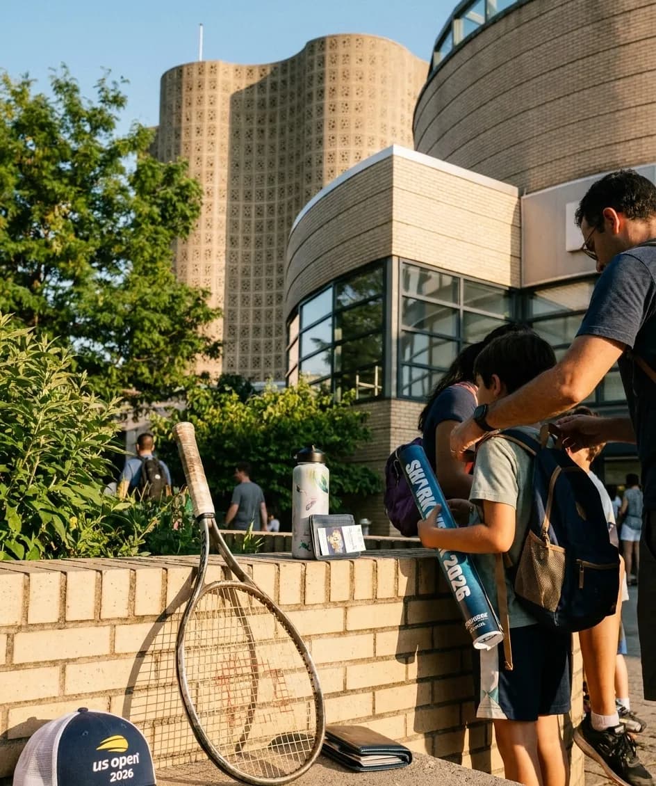 A bright Queens local-life scene inspired by new york hall of science, with subtle US Open details.