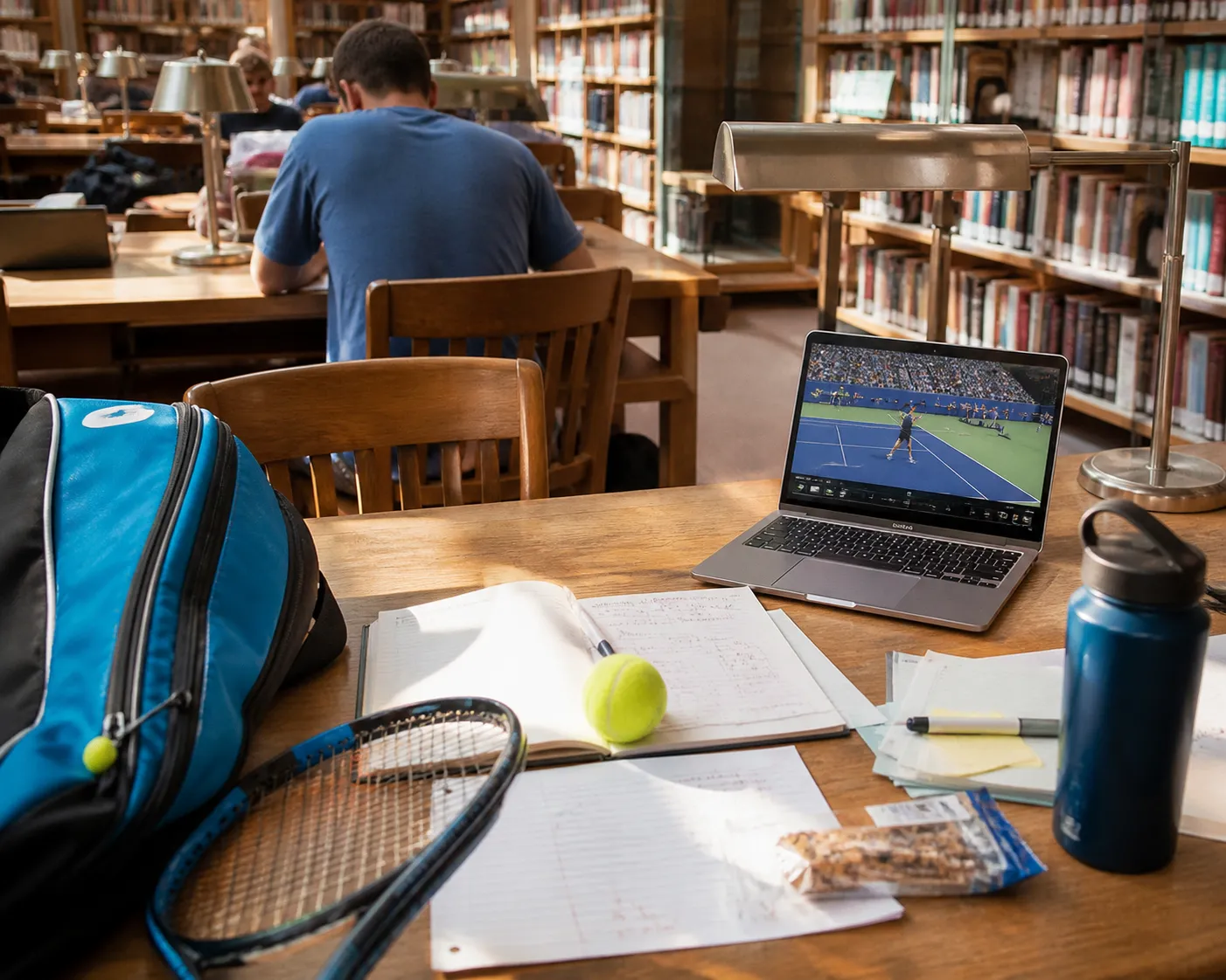 A bright Queens local-life scene connected to Ted Lasso Near US Open 2026: Quiet Library Work Tables Between Matches.