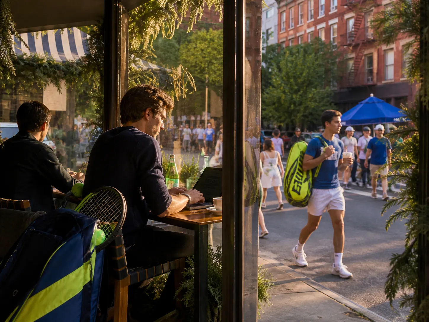 A bright Queens local-life scene connected to Ted Lasso Near US Open 2026: Quiet Library Work Tables Between Matches.