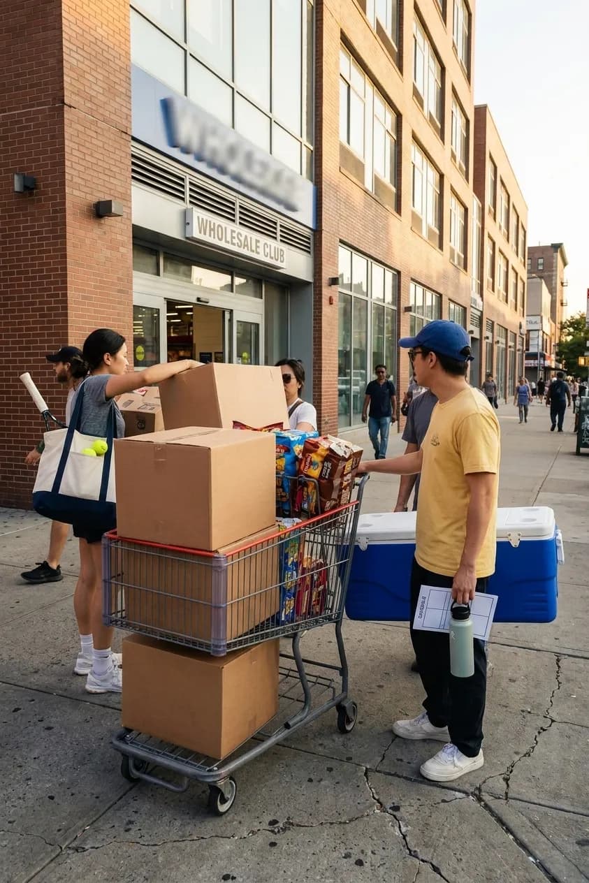 A bright Queens local-life scene connected to Costco Bakery Buttermilk Biscuits Bulk Shopping US Open Week.