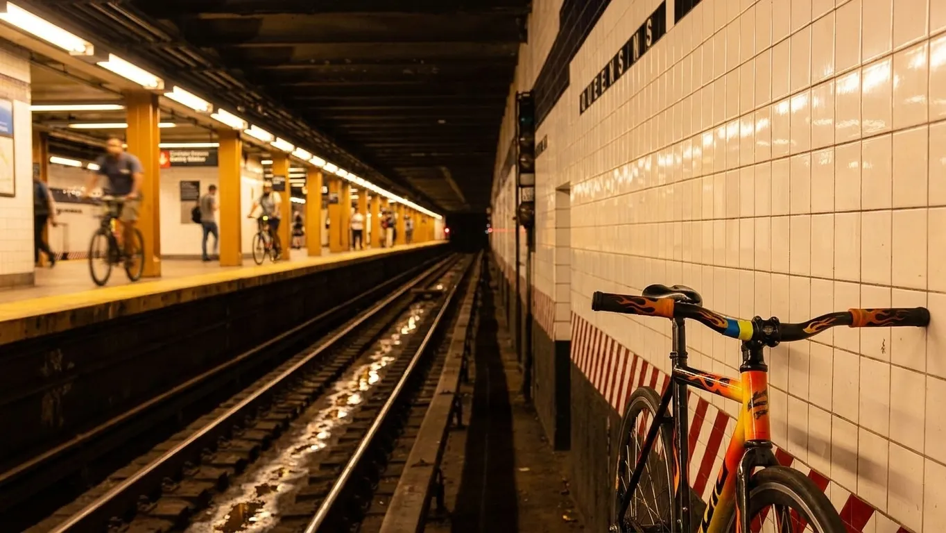 A bright New York local-life cover for Ghost Rider Inspired Cycling Routes Near Flushing Meadows During US Open, inspired by queens subway station.
