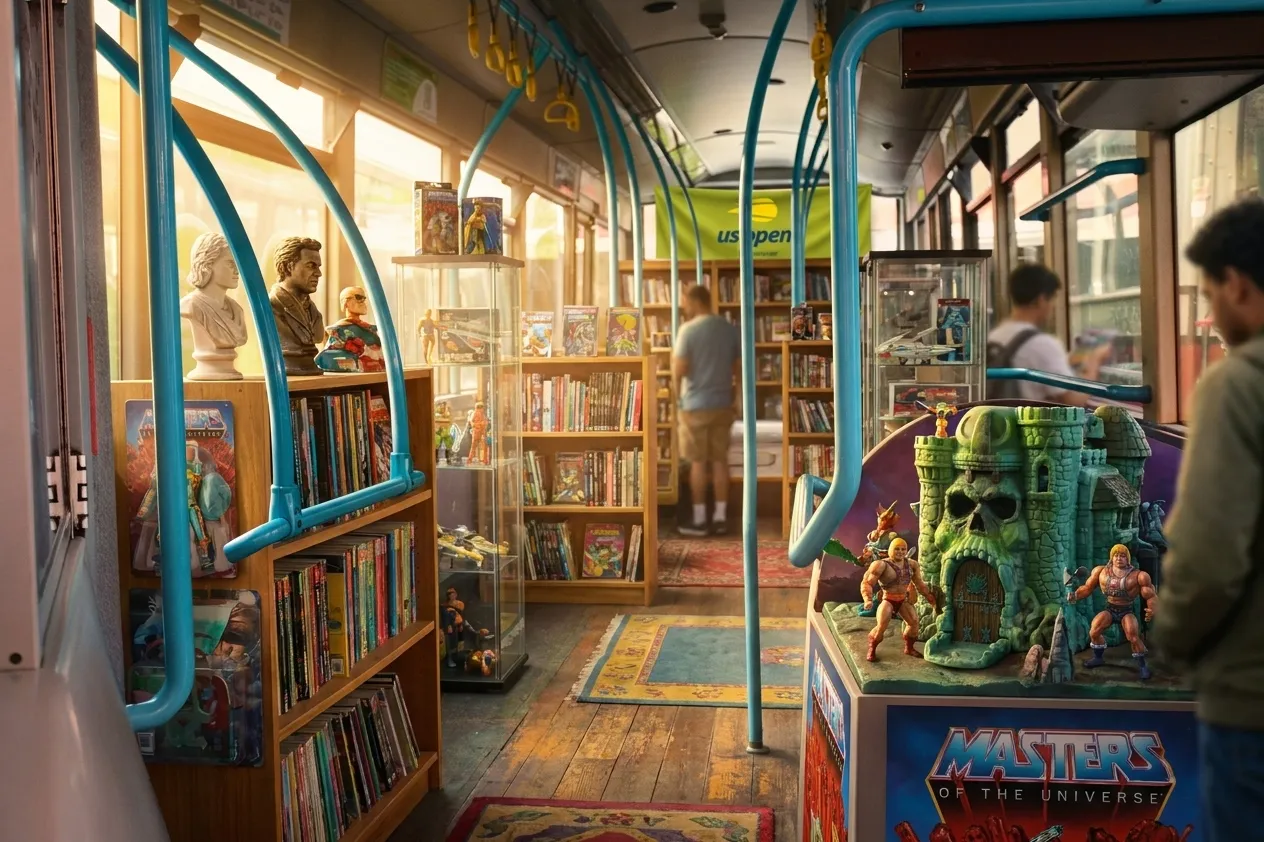 A bright New York local-life cover for Masters of the Universe Comic Shops Near Queens During US Open, inspired by queens museum interior.