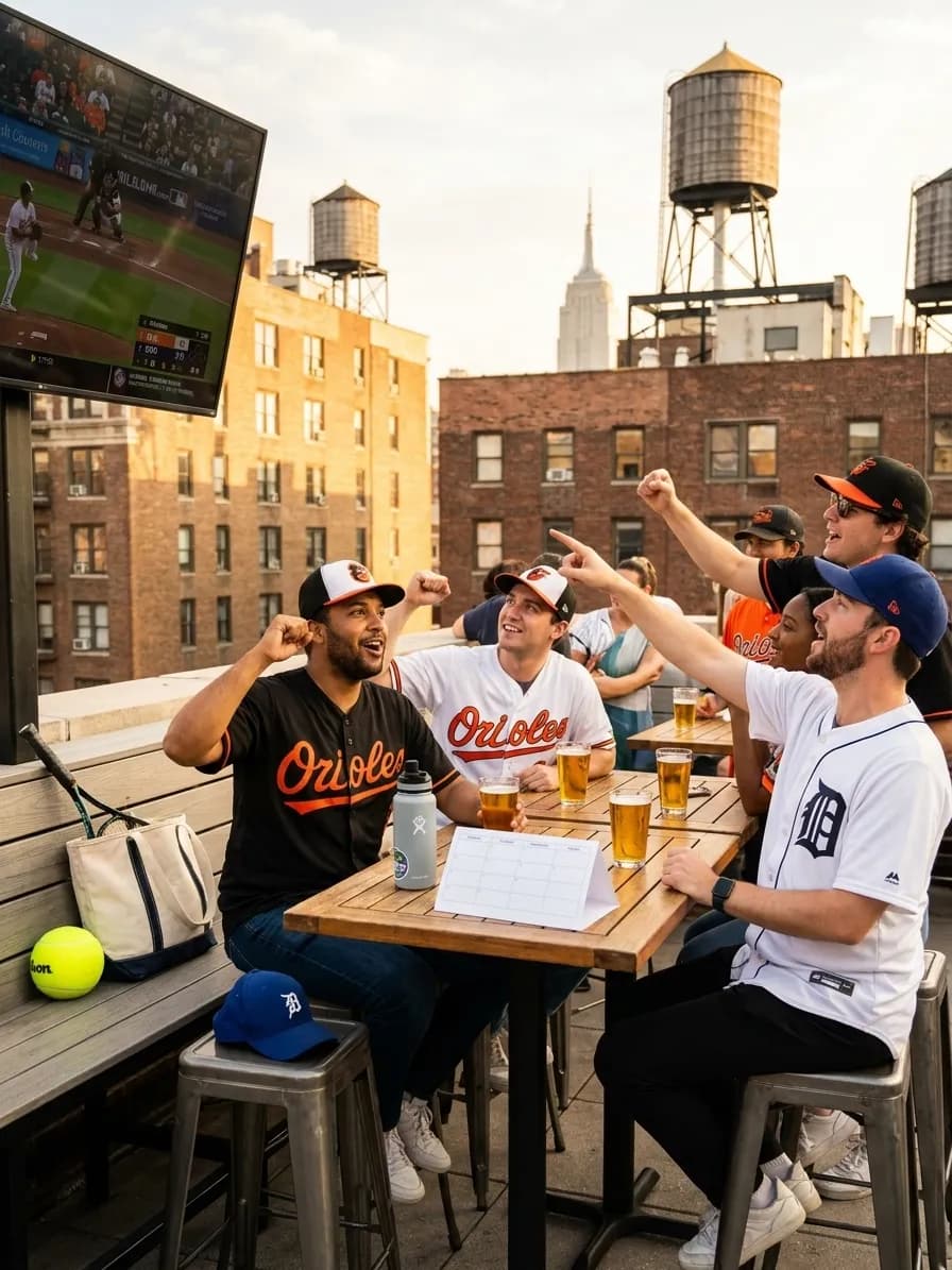 A bright Queens local-life scene connected to Orioles vs Tigers Fans Finding Queens Baseball Screens.