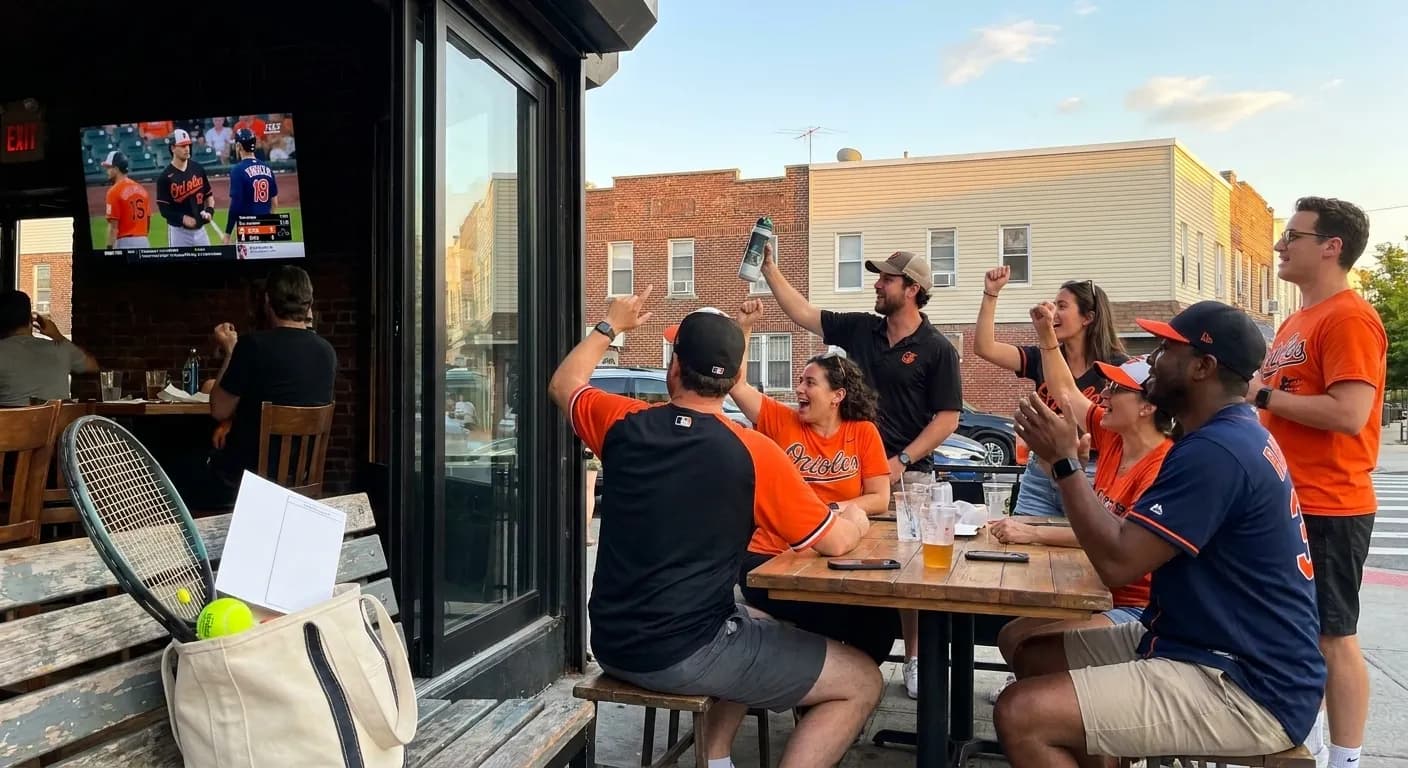 A bright Queens local-life scene connected to Orioles vs Tigers Fans Finding Queens Baseball Screens.