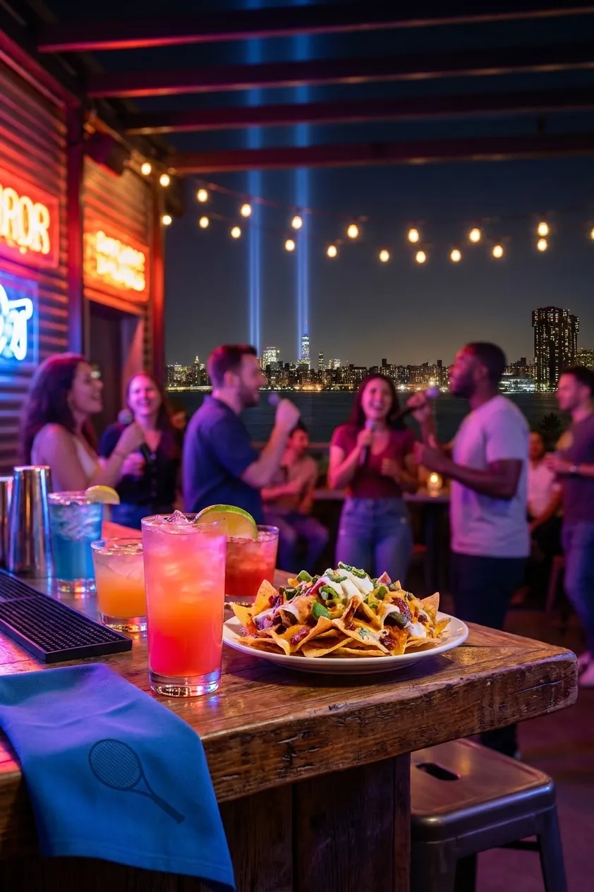 A bright New York local-life cover for Taylor Swift Karaoke Bars for US Open Nights in Queens, inspired by long island city skyline night.