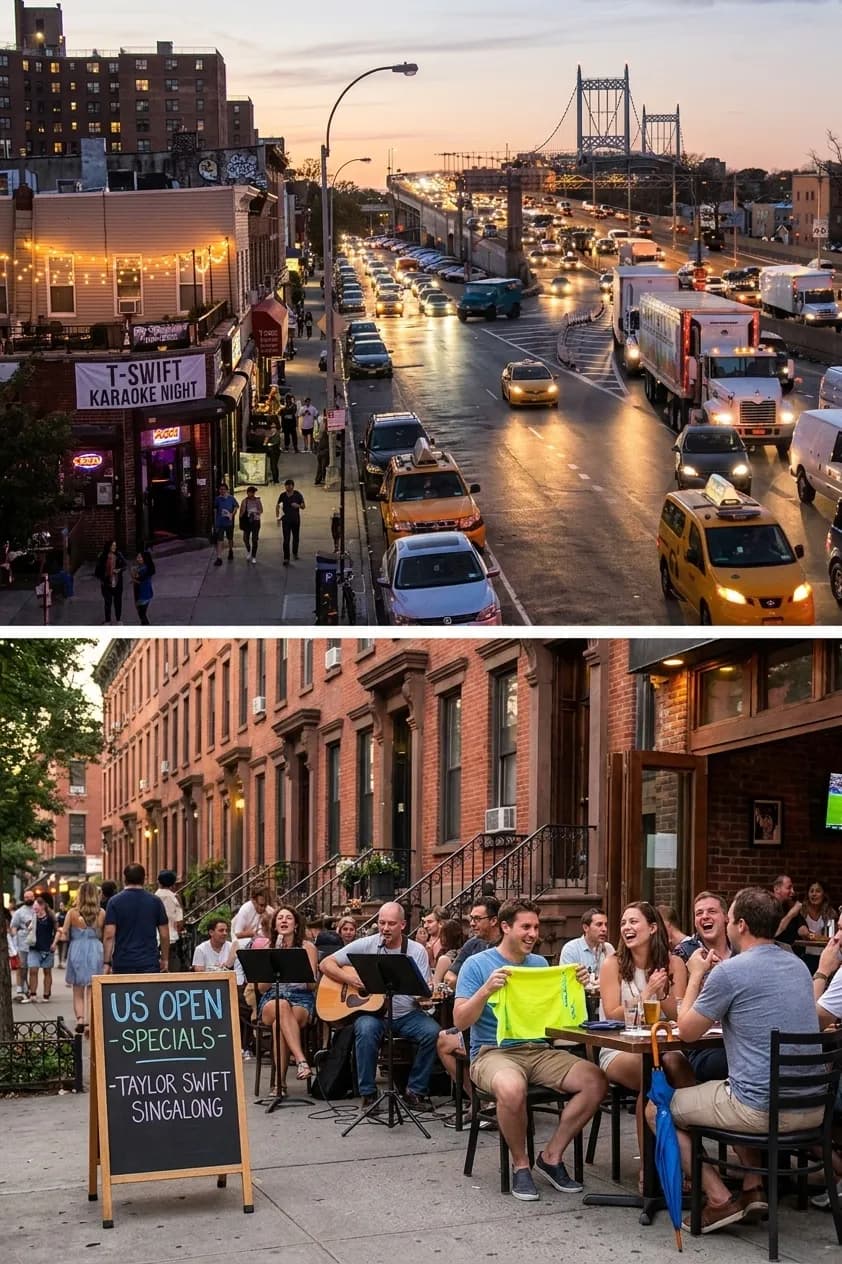 A distinct New York editorial scene inspired by astoria queens street night, connected to US Open week.