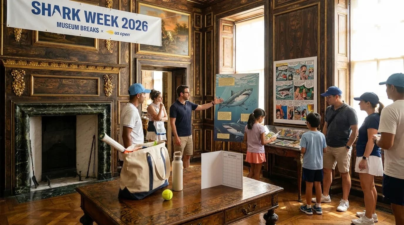 Bright New York local-life cover for Shark Week 2026 Museum Breaks Around US Open Days.