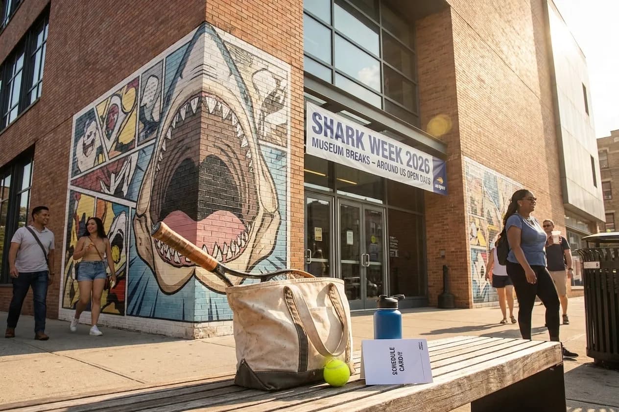 A bright Queens local-life scene connected to Shark Week 2026 Museum Breaks Around US Open Days.