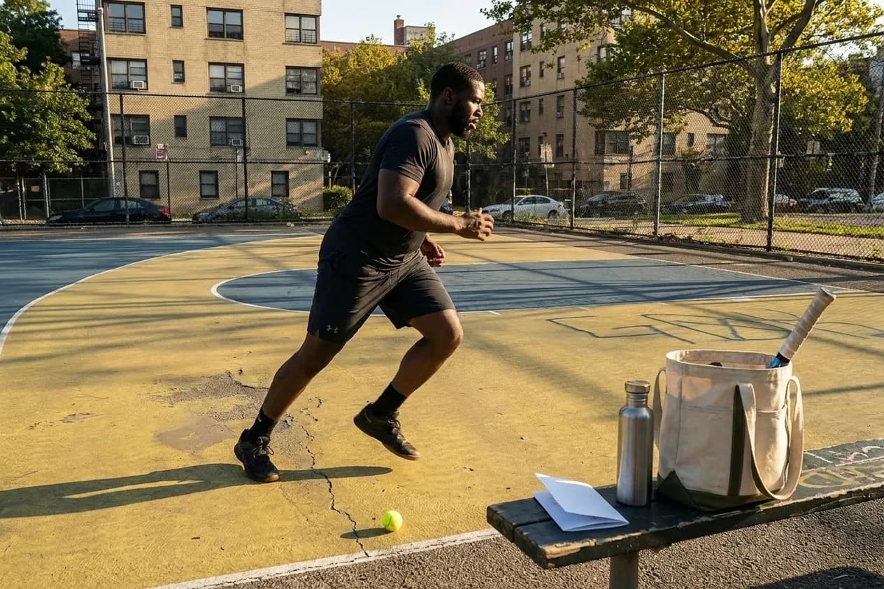 A bright Queens local-life scene connected to Anthony Joshua Footwork Drills Near Queens Tennis Courts.