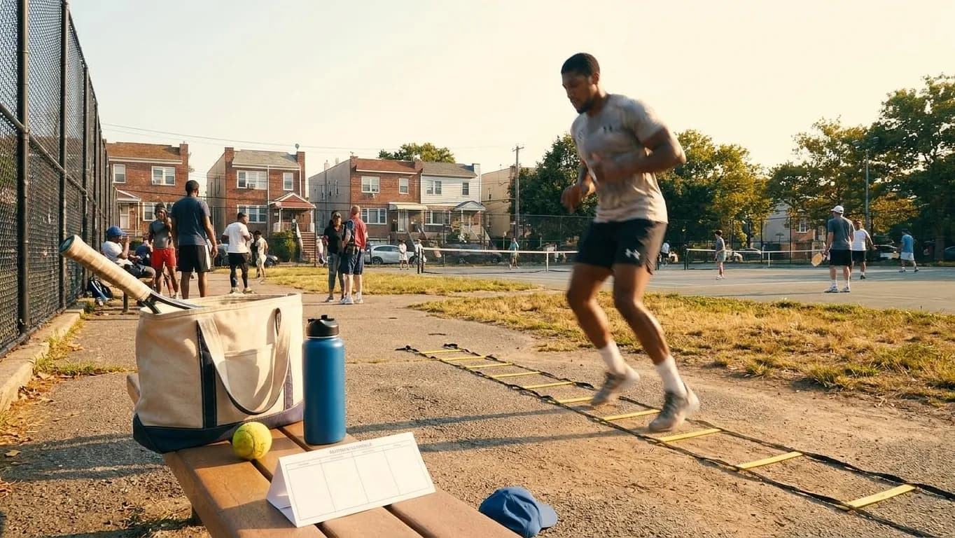 A bright Queens local-life scene connected to Anthony Joshua Footwork Drills Near Queens Tennis Courts.