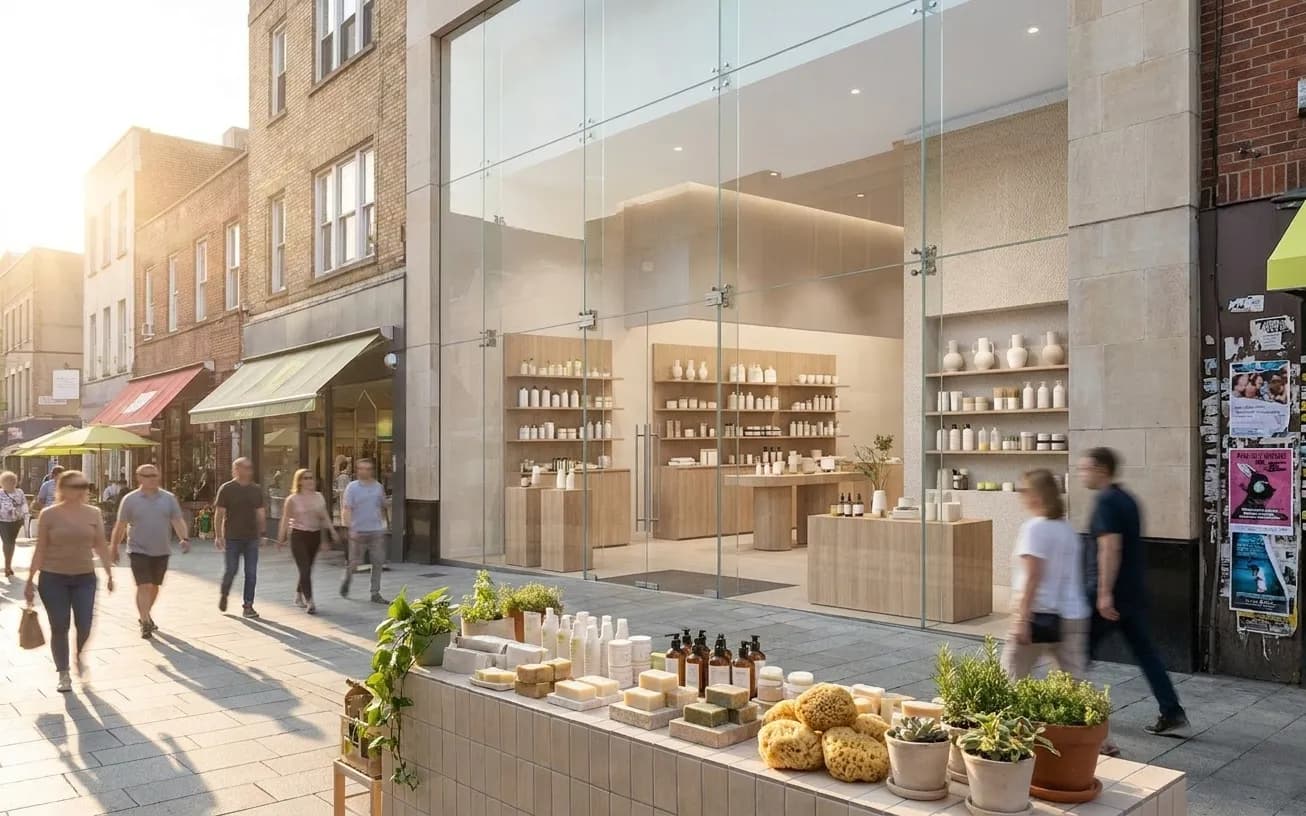 A bright New York local-life cover for Pamela Anderson Minimalist Beauty Shops Near Queens During US Open, inspired by queens shopping street.