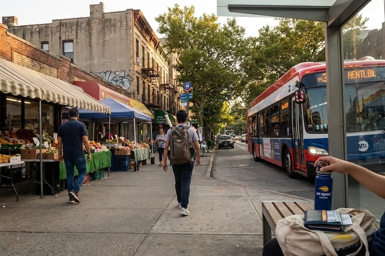 A bright Queens local-life scene inspired by queens street market, with subtle US Open details.
