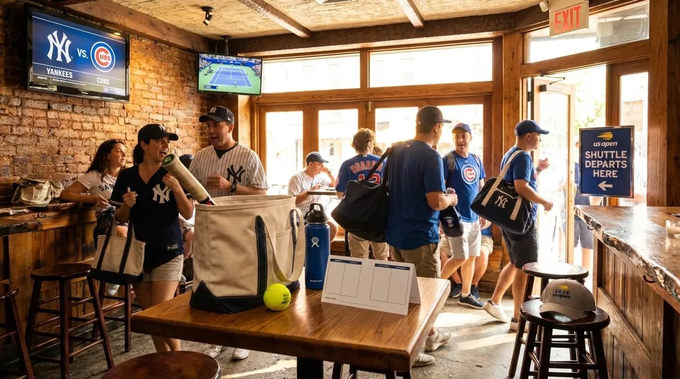 Bright New York local-life cover for Yankees vs Cubs Doubleheader: NYC Sports Bar Shuttles US Open.