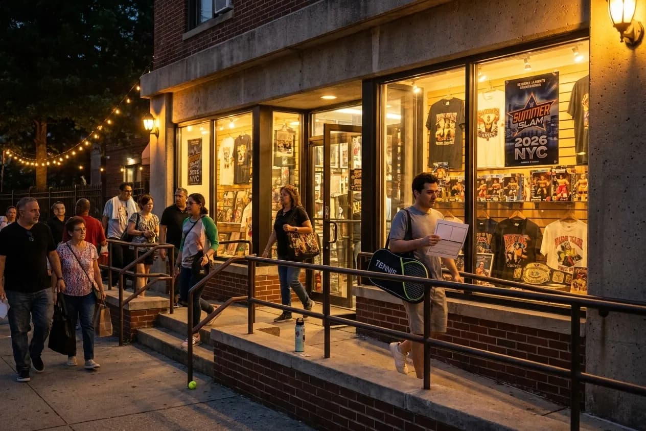 Bright New York local-life cover for SummerSlam 2026 NYC: Wrestling Merchandise Shops Near US Open Venue.
