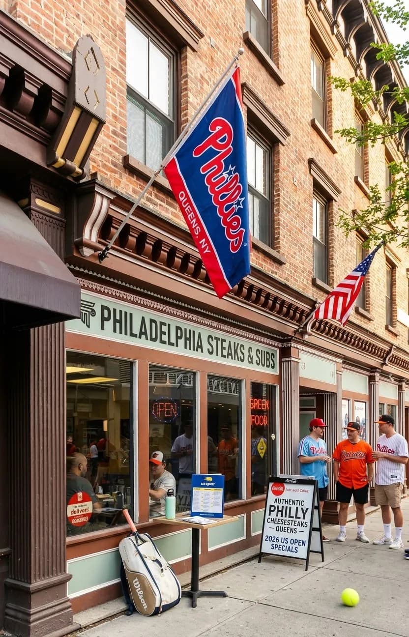 Bright New York local-life cover for Phillies vs Orioles Fans: NYC Cheesesteak Delis During 2026 Open.