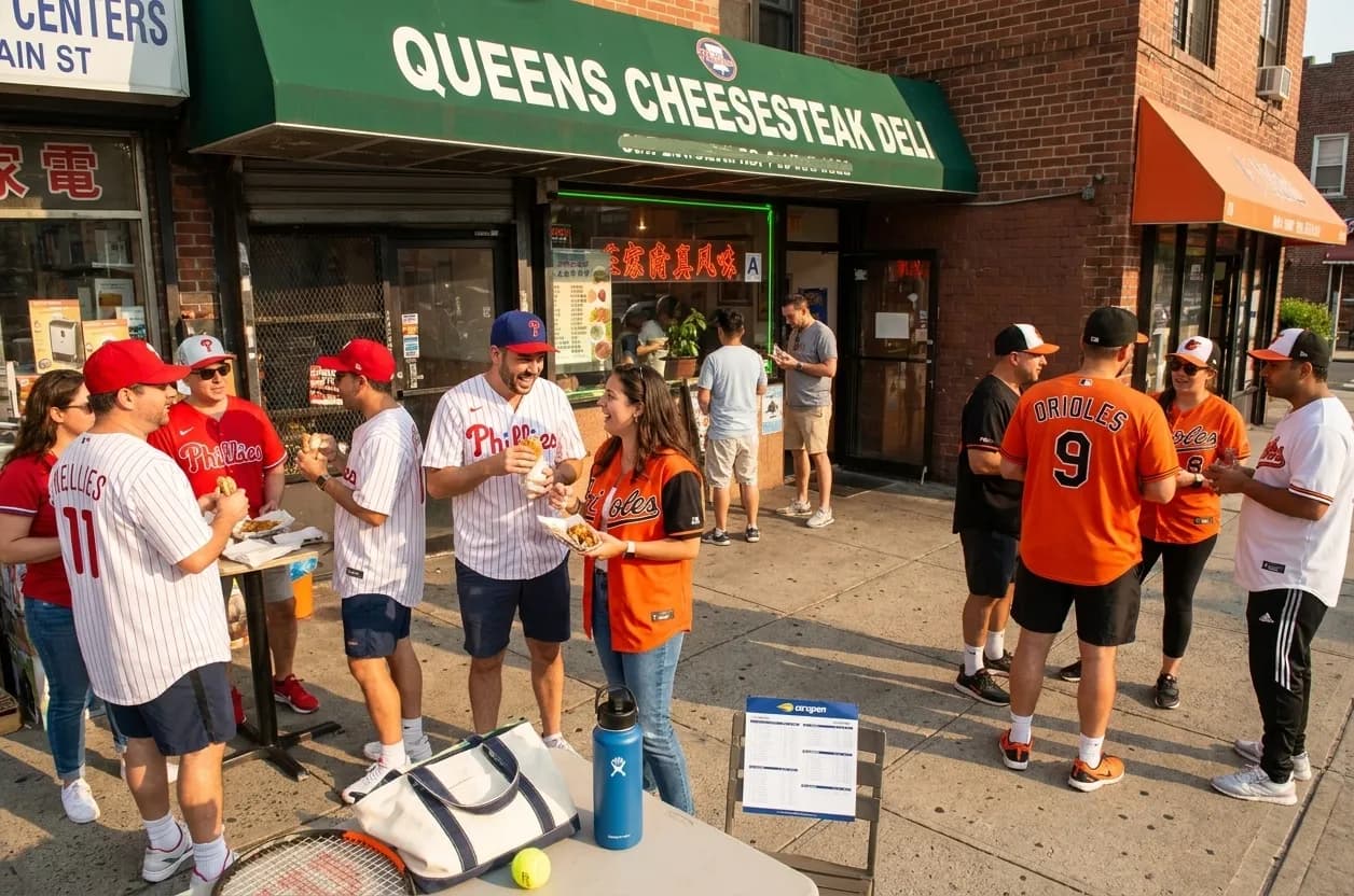 A bright Queens local-life scene connected to Phillies vs Orioles Fans: NYC Cheesesteak Delis During 2026 Open.
