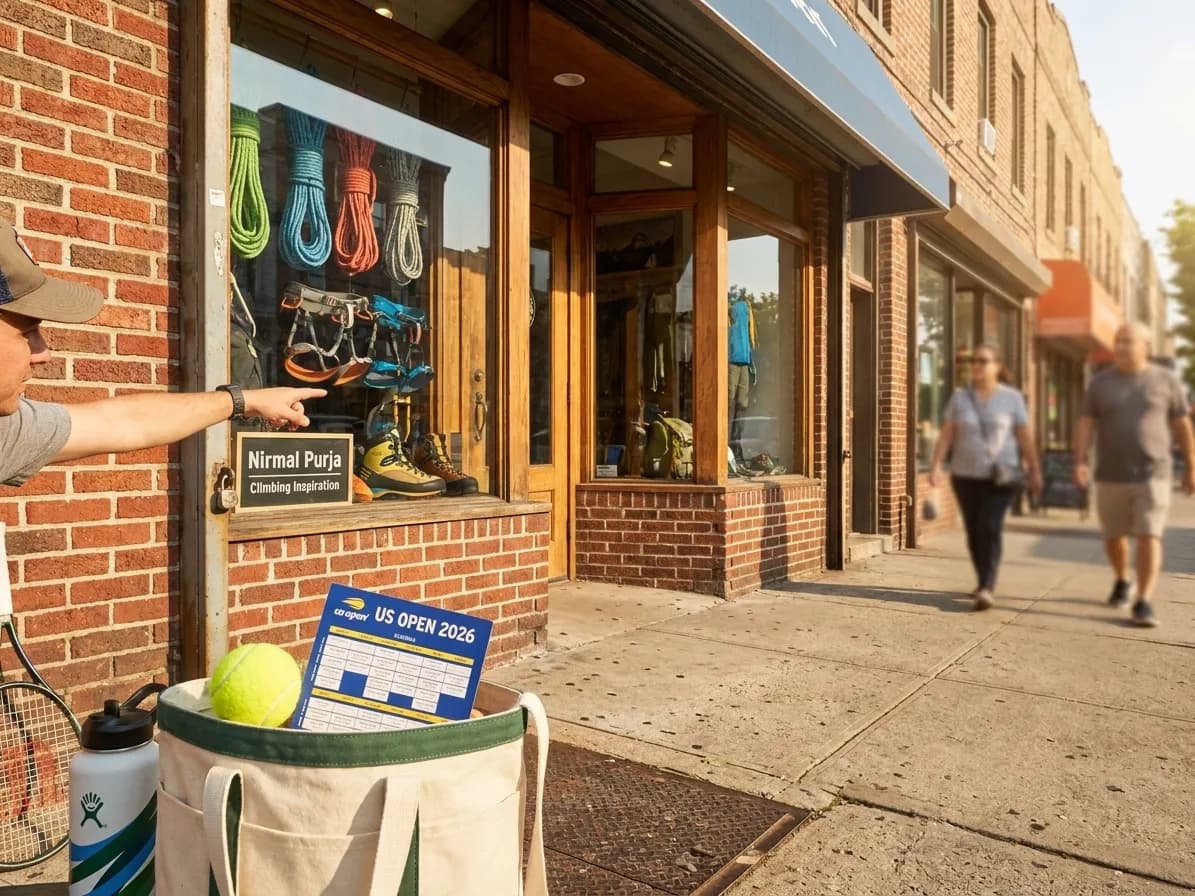A bright Queens local-life scene connected to Nirmal Purja Climbing Inspiration: NYC Mountaineering Gear Shops US Open.