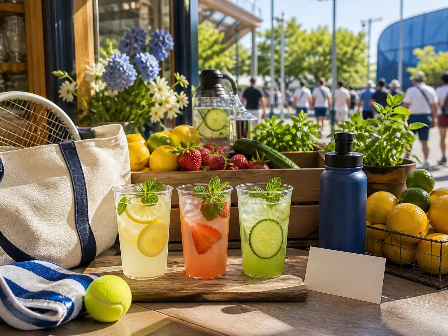 Bright realistic US Open 2026 local-life cover for Jenna Ortega Plan For US Open 2026 Mocktail Table Qualifying Week.